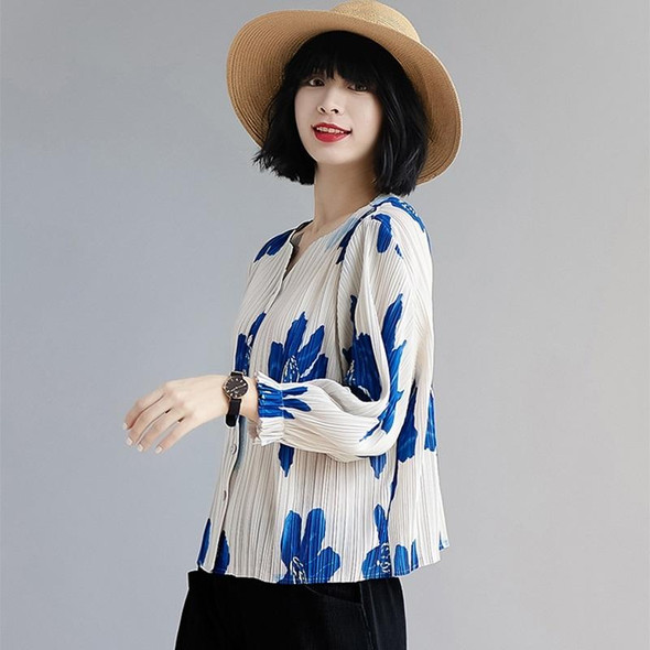 Single-breasted Printed Pleated Cardigan With Flared Sleeves (Color:Sky Blue Size:Free Size)