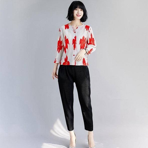 Single-breasted Printed Pleated Cardigan With Flared Sleeves (Color:Red Size:Free Size)