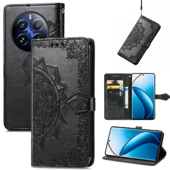 For Realme 12 Pro Mandala Flower Embossed Leather Phone Case(Black)