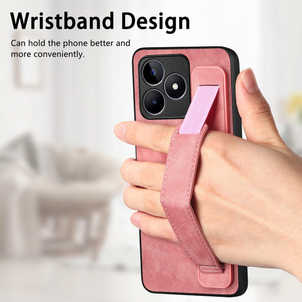 For Realme 10 Pro+ Retro Wristband Holder Leather Back Phone Case(Pink)