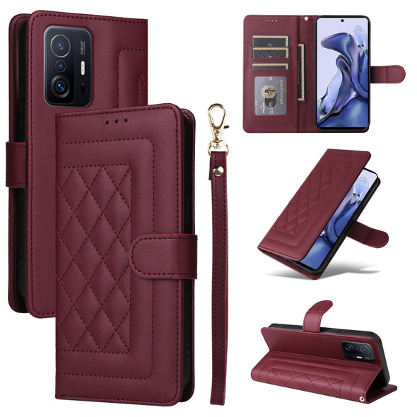 For Xiaomi 11T / 11T Pro Diamond Lattice Leather Flip Phone Case(Wine Red)