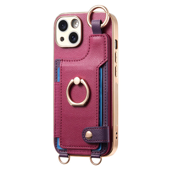 For iPhone 14 Pro Max Fashion Ring Card Bag Phone Case with Hang Loop(Purple)