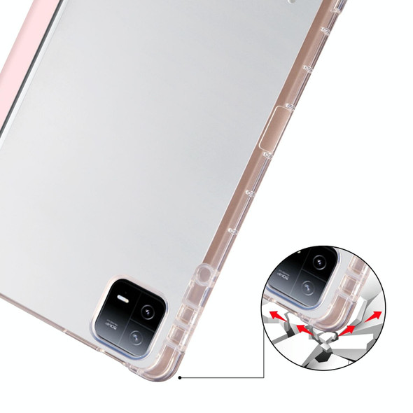 For iPad Pro 13 2024 3-fold Clear TPU Smart Leather Tablet Case with Pen Slot(Sand Pink)