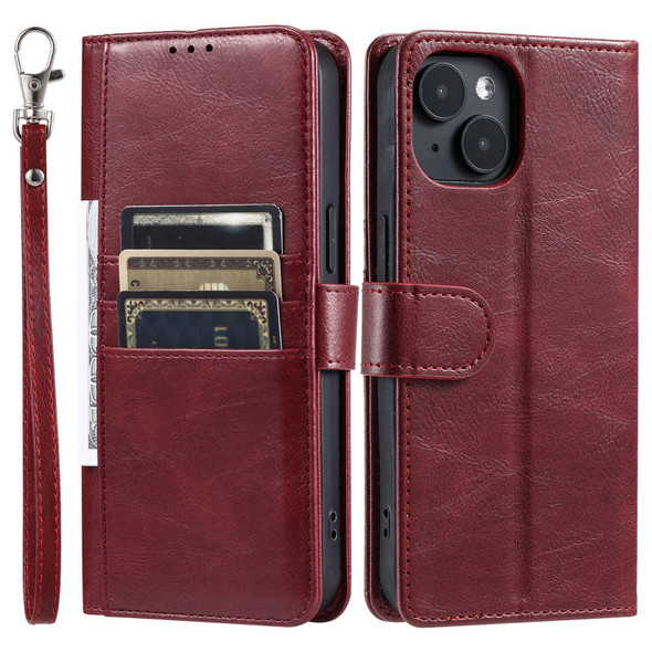 For iPhone 15 Simple 6-Card Wallet Leather Phone Case(Wine Red)