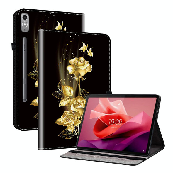 For Lenovo Tab P12 12.7 Crystal Texture Painted Leather Tablet Case(Gold Butterfly Rose)