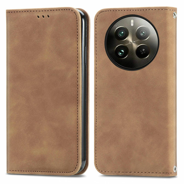 For  Realme 12+ Retro Skin Feel Magnetic Flip Leather Phone Case(Brown)