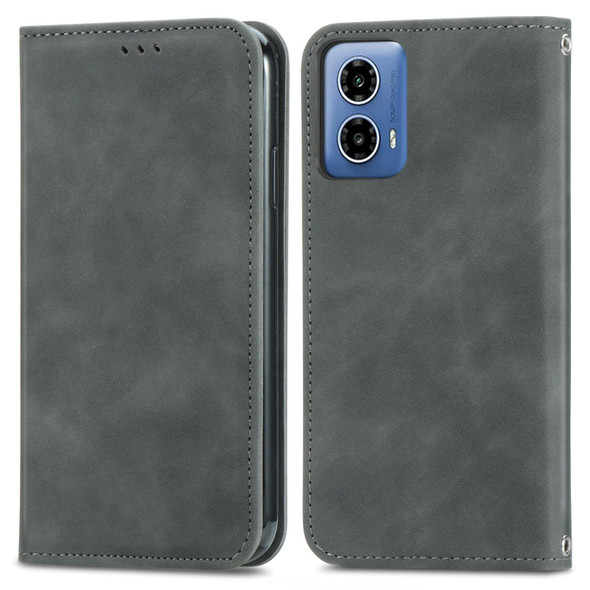 For Motorola  Moto G34 Retro Skin Feel Magnetic Flip Leather Phone Case(Grey)