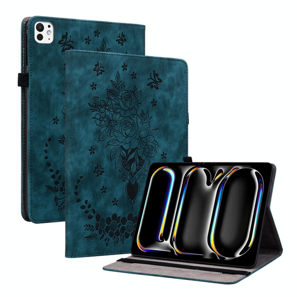 For iPad Pro 11 2024 Butterfly Rose Embossed Leather Smart Tablet Case(Dark Blue)