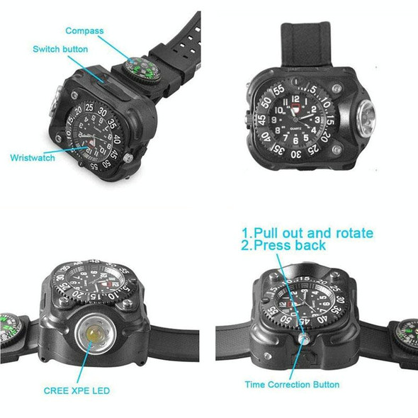 Outdoor LED Flashlight Wrist Watch With Compass Night Running Silicone Lighting Lamp(Black)