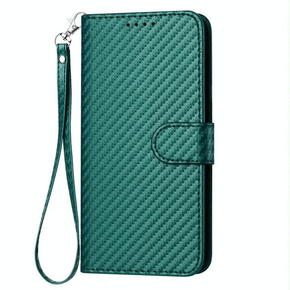 For Sharp Aquos Wish3 YX0070 Carbon Fiber Buckle Leather Phone Case with Lanyard(Dark Green)