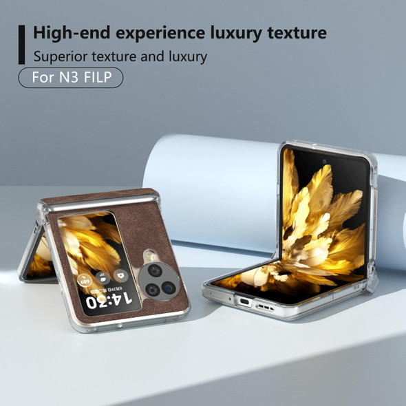 For OPPO Find N3 Flip Three Parts PU Leather Transparent Edge Phone Case(Coffee)