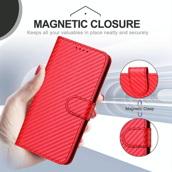 For iPhone SE 2024 YX0070 Carbon Fiber Buckle Leather Phone Case with Lanyard(Red)