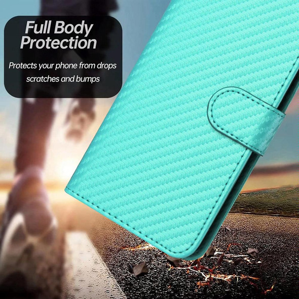 For iPhone 12 / 12 Pro YX0070 Carbon Fiber Buckle Leather Phone Case with Lanyard(Light Blue)