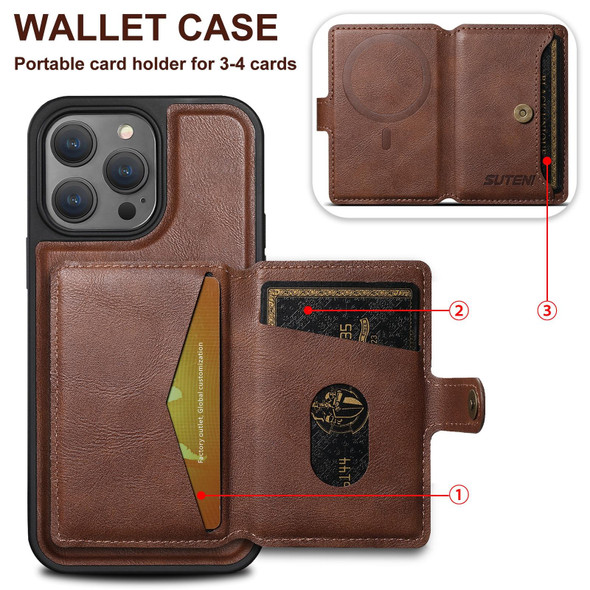 For iPhone 14 Plus Suteni M1 Oil Wax MagSafe Detachable Horizontal Card Bag Phone Case(Purple)