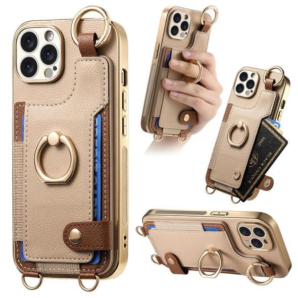 For iPhone 14 Pro Max Fashion Ring Card Bag Phone Case with Hang Loop(Khaki)