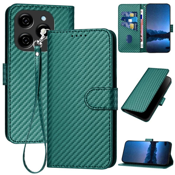 For Tecno Spark 20 YX0070 Carbon Fiber Buckle Leather Phone Case with Lanyard(Dark Green)