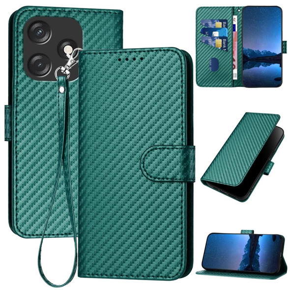 For Tecno Spark 10C YX0070 Carbon Fiber Buckle Leather Phone Case with Lanyard(Dark Green)