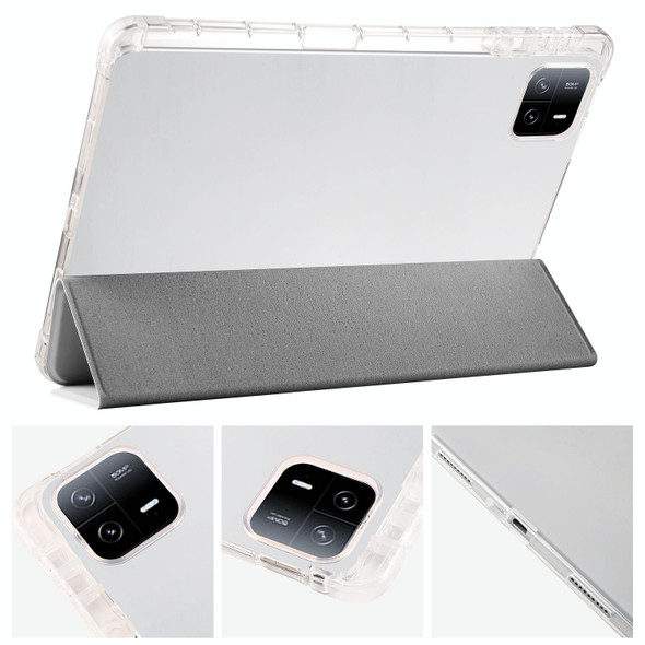 For iPad Air 13 2024 3-fold Clear TPU Smart Leather Tablet Case with Pen Slot(Space Gray)