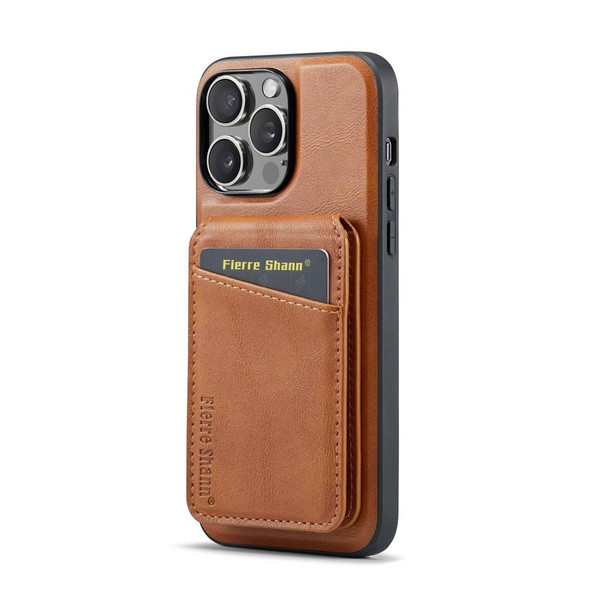 For iPhone 14 Pro Max Fierre Shann Oil Wax Cow Leather Magnetic Card Holder Phone Case(Brown)