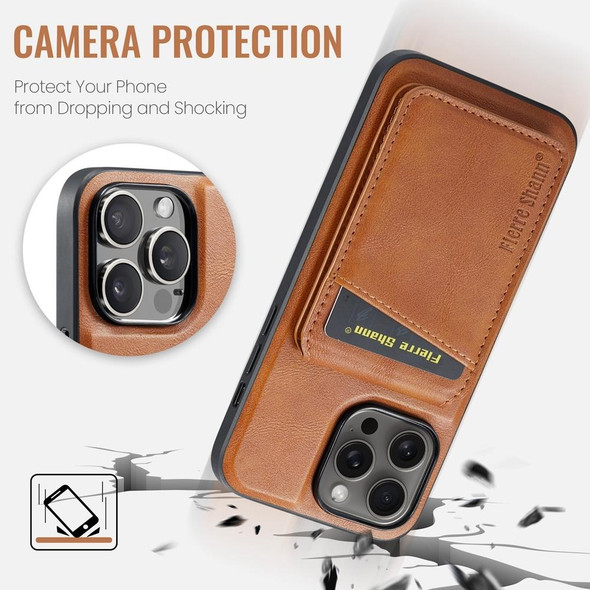 For iPhone 15 Pro Fierre Shann Oil Wax Cow Leather Magnetic Card Holder Phone Case(Brown)