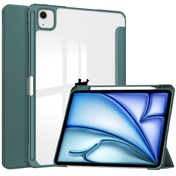 For iPad Air 13 2024 Pure Color 3-fold Clear TPU Smart Leather Tablet Case(Dark Green)