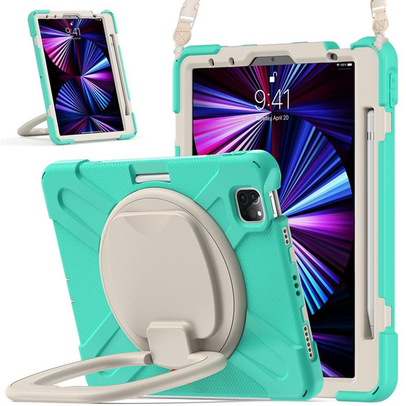 For iPad Air 11 2024 Silicone Hybrid PC Tablet Case with Holder & Shoulder Strap(Mint Green)