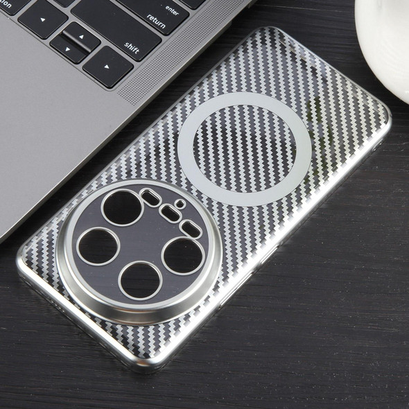 For Xiaomi 14 Ultra 6D Plated Carbon Fiber Clear Magsafe PC Phone Case(Starlight Silver)