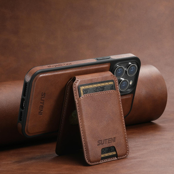 For iPhone 12  Suteni M2 Oil Wax MagSafe Horizontal Card Bag Phone Case(Brown)