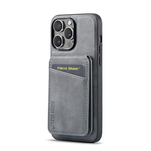 For iPhone 14 Pro Max Fierre Shann Oil Wax Cow Leather Magnetic Card Holder Phone Case(Grey)