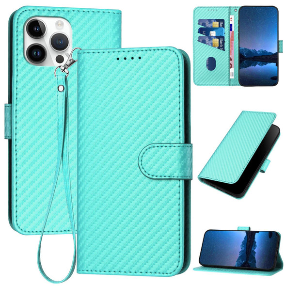 For iPhone 12 Pro Max YX0070 Carbon Fiber Buckle Leather Phone Case with Lanyard(Light Blue)