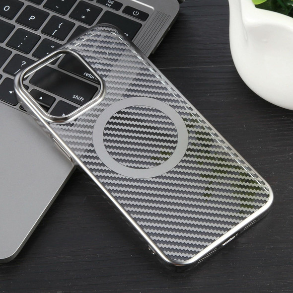 For iPhone 14 Pro 6D Plated Carbon Fiber Clear Magsafe PC Phone Case(Titanium Grey)