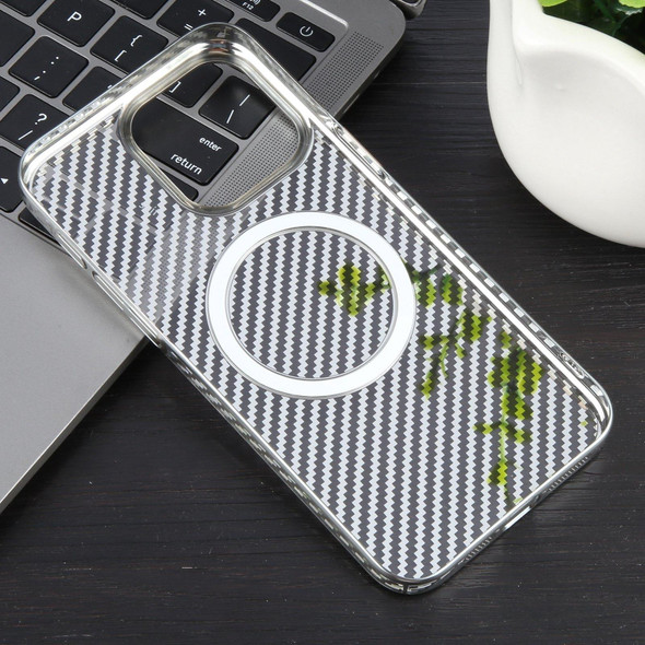For iPhone 15 Pro 6D Plated Carbon Fiber Clear Magsafe PC Phone Case(Starlight Silver)