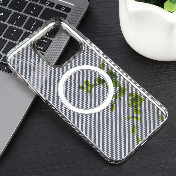 For iPhone 14 Plus 6D Plated Carbon Fiber Clear Magsafe PC Phone Case(Titanium Grey)