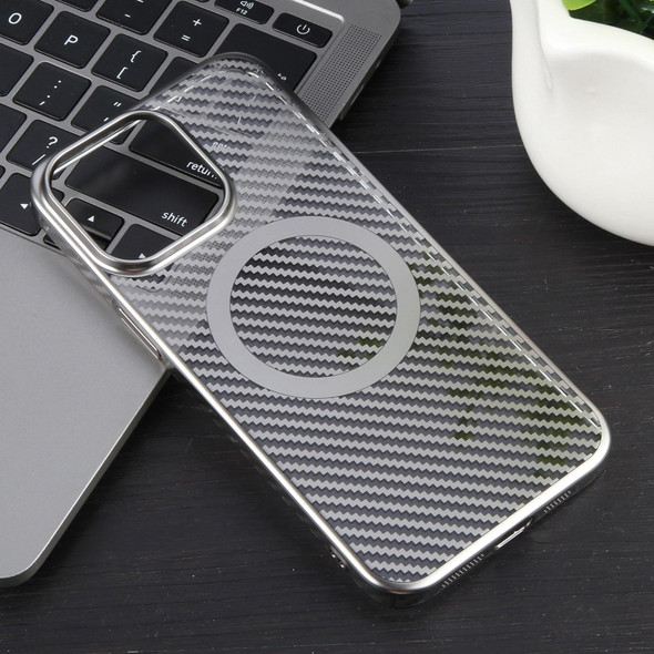 For iPhone 14 Plus 6D Plated Carbon Fiber Clear Magsafe PC Phone Case(Titanium Grey)