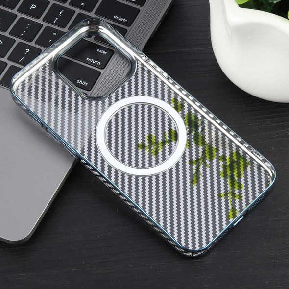 For iPhone 15 6D Plated Carbon Fiber Clear Magsafe PC Phone Case(Dream Blue)