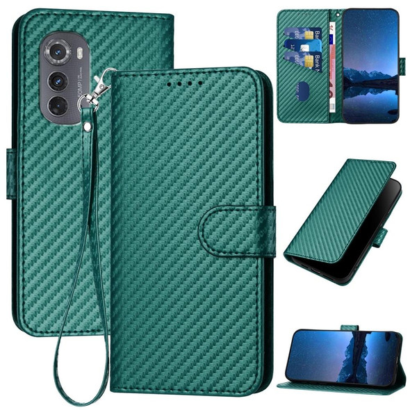 For Motorola Edge 2022 YX0070 Carbon Fiber Buckle Leather Phone Case with Lanyard(Dark Green)