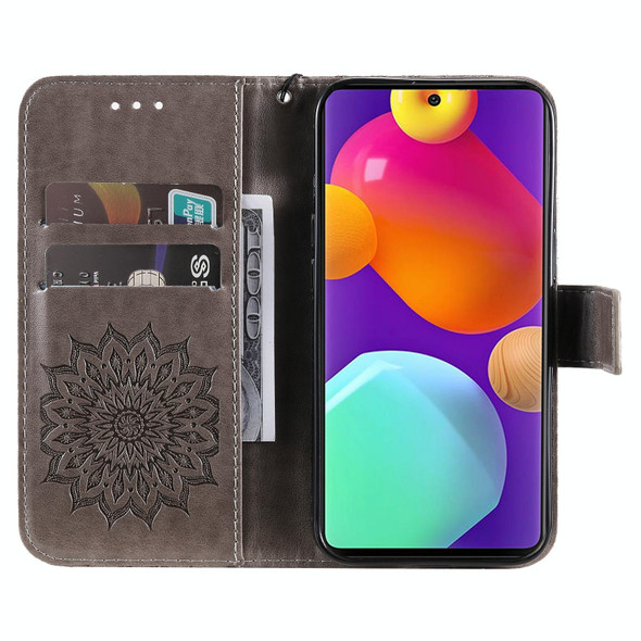 For Samsung Galaxy M62 / F62 Embossed Sunflower Pattern Flip Leather Phone Case(Grey)