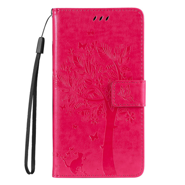 For Realme C65 4G Tree & Cat Embossed Pattern Flip Leather Phone Case(Rose Red)