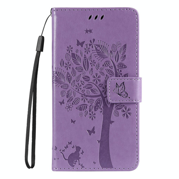 For vivo V29e Global / Y200 5G Global Tree & Cat Embossed Pattern Flip Leather Phone Case(Light Purple)