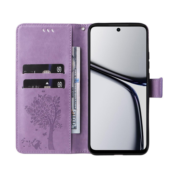 For Realme C65 4G Tree & Cat Embossed Pattern Flip Leather Phone Case(Light Purple)