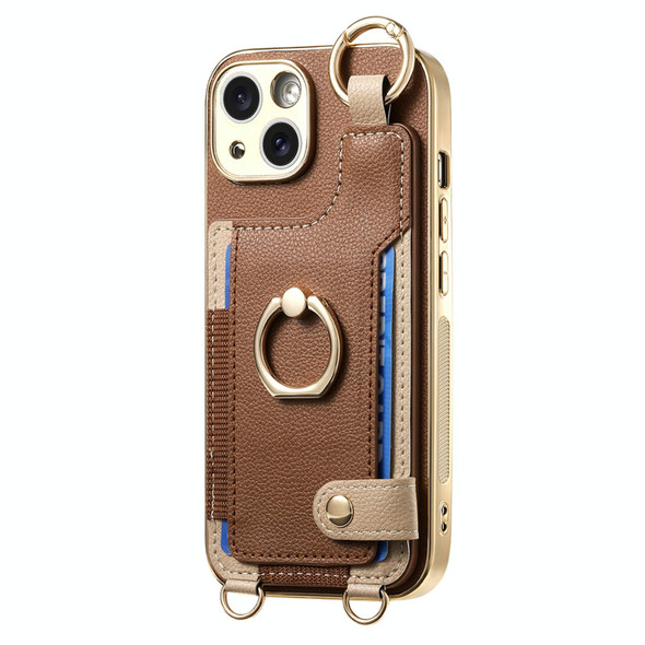 For iPhone 14 Pro Max Fashion Ring Card Bag Phone Case with Hang Loop(Brown)