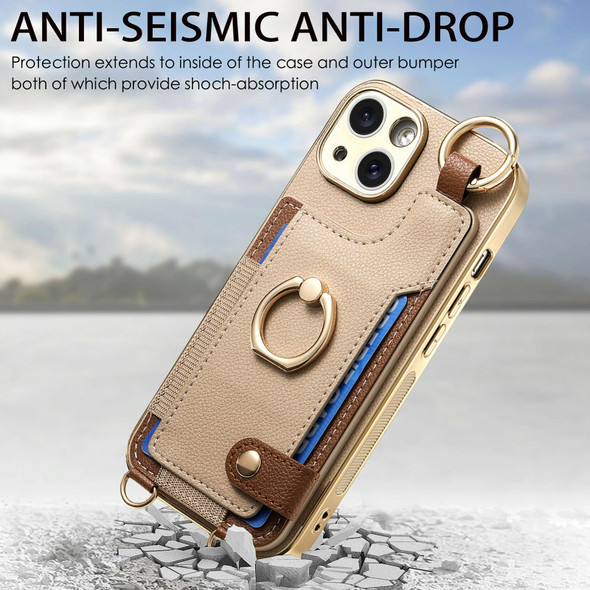 For iPhone 13 Pro Fashion Ring Card Bag Phone Case with Hang Loop(Khaki)