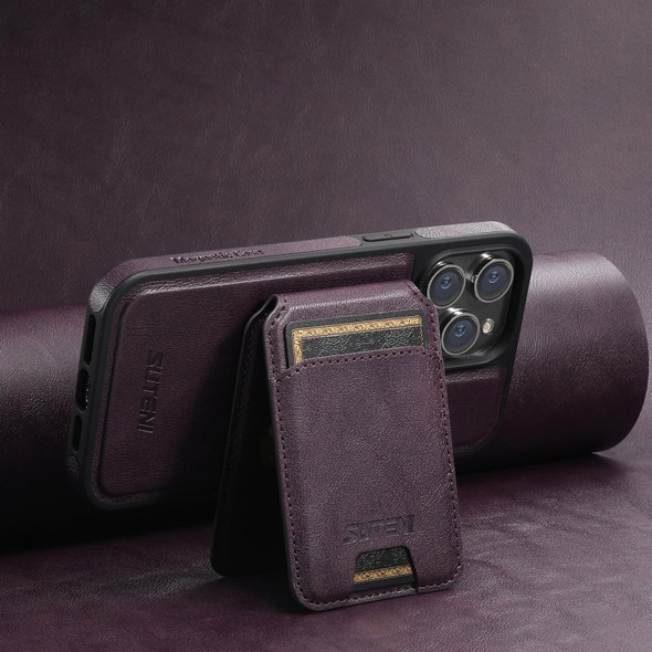 For iPhone 12  Suteni M2 Oil Wax MagSafe Horizontal Card Bag Phone Case(Purple)