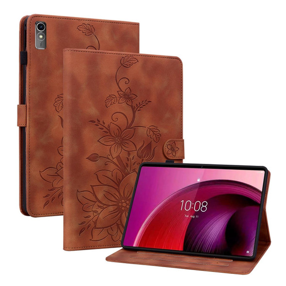 For Lenovo Tab M10 5G 2023 Lily Embossed Leather Tablet Case(Brown)