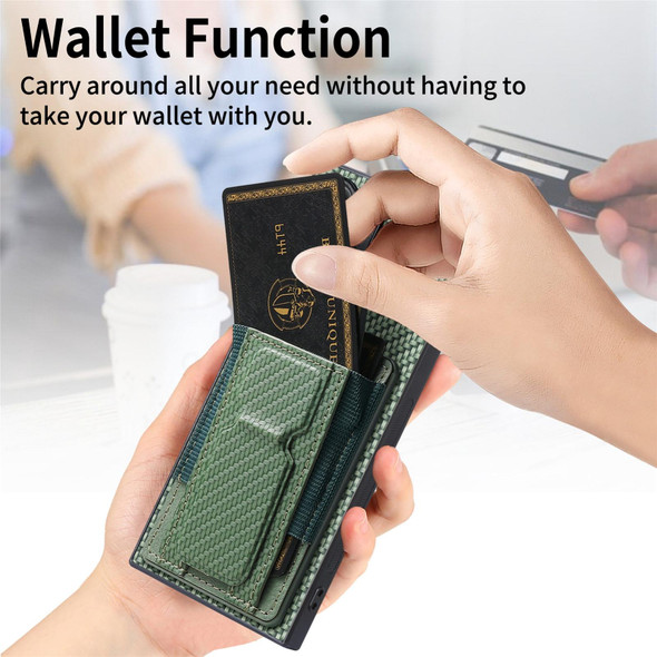 For Samsung Galaxy S23 Ultra 5G Carbon Fiber Fold Stand Elastic Card Bag Phone Case(Green)