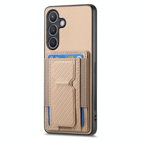 For Samsung Galaxy S23 5G Carbon Fiber Fold Stand Elastic Card Bag Phone Case(Khaki)