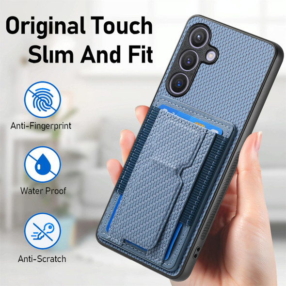 For Samsung Galaxy S23+ 5G Carbon Fiber Fold Stand Elastic Card Bag Phone Case(Blue)