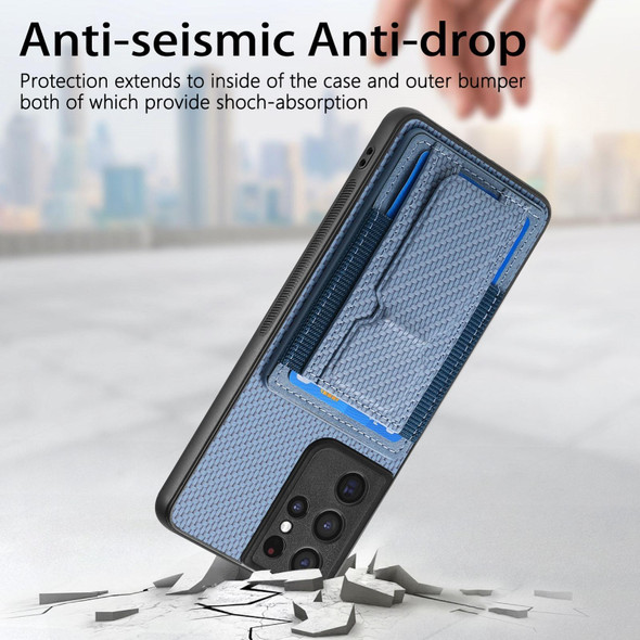 For Samsung Galaxy S21 Ultra 5G Carbon Fiber Fold Stand Elastic Card Bag Phone Case(Blue)