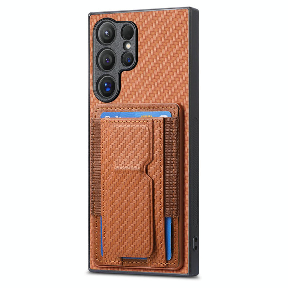 For Samsung Galaxy S22 Ultra 5G Carbon Fiber Fold Stand Elastic Card Bag Phone Case(Brown)