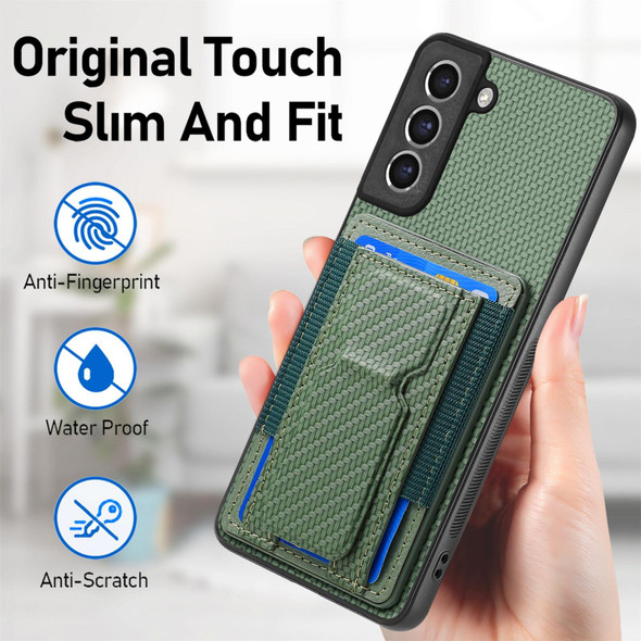 For Samsung Galaxy S21 FE 5G Carbon Fiber Fold Stand Elastic Card Bag Phone Case(Green)